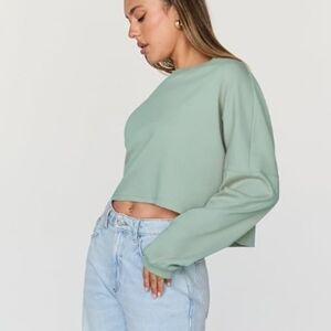 Cropped Oversized Crewneck Sweater Long Sleeve Light Green New